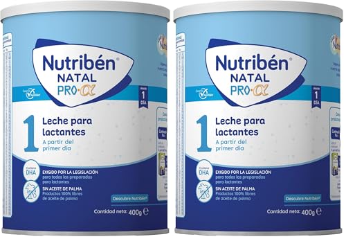 Nutribén Natal Pro Alfa 1 - Leche en Polvo Bebé 1 | Fórmula para Bebé desde el Primer Día | sin Aceite de Palma | con Cacito Dosificador Incluido | Con DHA | 1 Bote de 400g (Paquete de 2)
