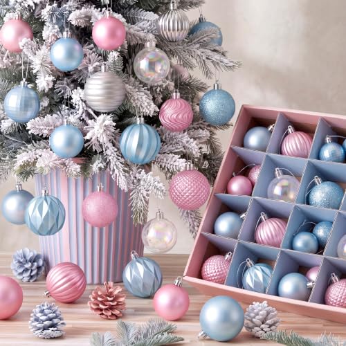 Image of Lunmon 64 Pcs Pastel Christmas Ball Ornaments Pink Blue Silver Xmas Bulbs