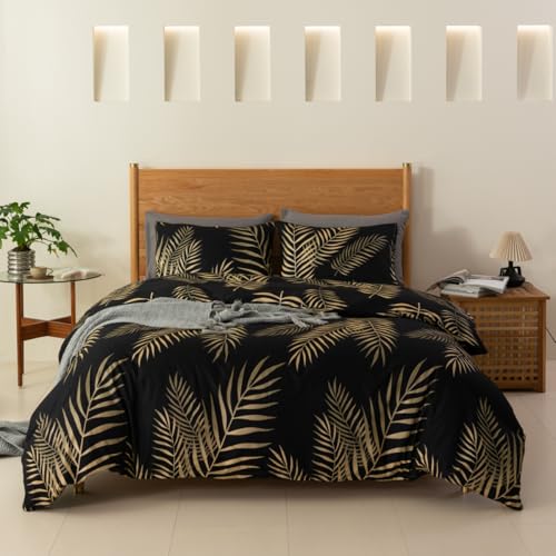 YASMENG Bettwäsche 135x200 Gold Blätter Schwarz, 2-teilig mit...