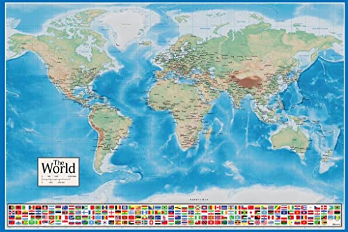 Image of Laminated World Map Poster Country Countries Continents With Flags Decor Picture Poster Dry Erase Wall Art 16x24