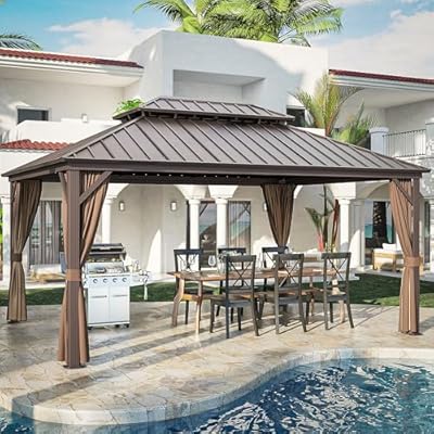 Gardenbee 12x16 FT Patio Outdoor Gazebo with Double Galvanized Steel Roof, Included Netting and Curtains, for Yard and Lawns