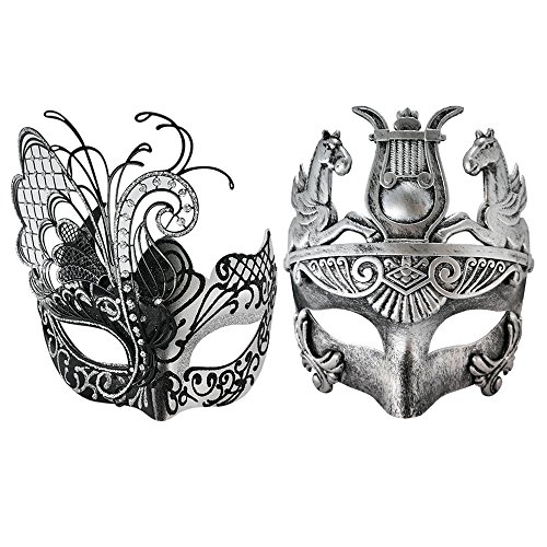 Silver/Black Flying Butterfly Women Mask & Silver Roman Warrior Men Mask Venetian Couple Masks for Masquerade/Party/Ball Prom/Mardi Gras/Wedding/Wall Decoration