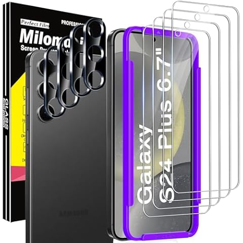 Milomdoi 4 Pack Screen Protector for Samsung Galaxy S24 Plus 6.7 Inch with 4 Pack Tempered Glass Camera Lens Protector, Ultra 9H Accessories, Case Friendly, Mounting Frame, 2.5D curved, transparent Cover