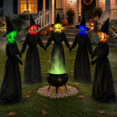 Halloween Decorations Outdoor - 5 Pack 4.3 FT Light Up Holding Hands Witches with Color Changing Glowing Faces - Halloween Witch Decor with Stake for Yard Lawn Garden Porch Haunted House Decor