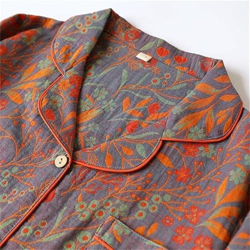 Image of Vintage Leaf Cotton Lapel Loungewear Set, Ginkgo Leaf Button Colorful Floral Pure Pajama, Women's Fashion Sleepwear