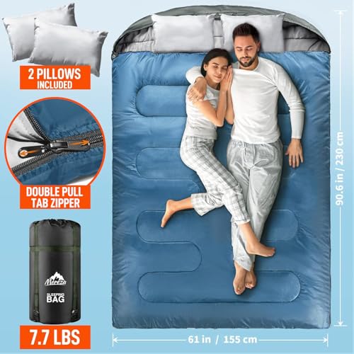Image of MEREZA Double Sleeping Bag for Adults Mens with Pillow, XL Queen Size Two Person Sleeping Bag for All Season Camping Hiking Backpacking 2 Person Sleeping Bags for Cold Weather & Warm