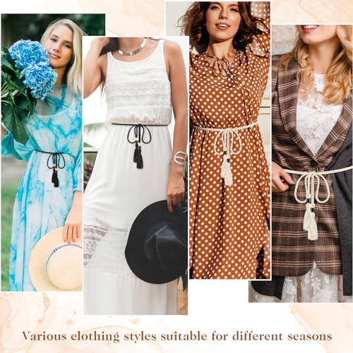 2 PCS Women's Skinny Tassel Waist Belt with Wooden Beads, Black + White Thin Woven Waist Rope Belt for Women Girls Godness Boho Braided Waist Belt Rope Chain for Thin Dresses Skirts Tunics4