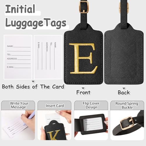 Image of Initial Luggage Tags for Suitcases, Cute Embroidered Letter Luggage Bag Suitcase Identifier Name Baggage Tag, PU Leather Travel Luggage Tags, Bag Tags for Men Women Kids Luggage Handbags(Black E)