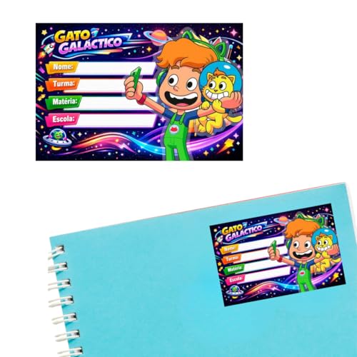 Kit 14 Etiquetas Escolares M Gato Galáctico Caderno Intanfil Menino Personalizado Adesivo Volta as Aulas