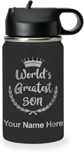 Miniatura 42 de LaserGram Botella de agua con tapa abatible de doble pared de 20 onzas con pajilla, el hijo más grande del mundo, grabado personalizado incluido