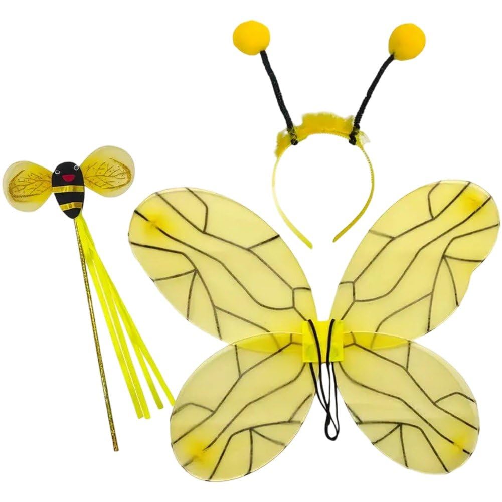 Dianzan Bee Cosplay Costume 3pcs Yellow Bee Outfit for Kid Bee Wings Bee Wand Antenna Headband Fancy Dress Accessory Kit for Kids and Adults