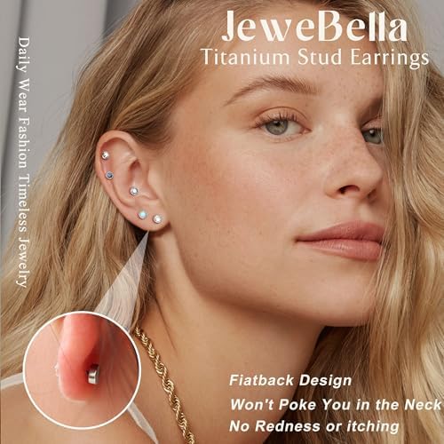 JeweBella 5 paar hypoallergene G23titanium oorknopjes voor dames en heren, 20G oorbellen met platte achterkant, oorpiercings, tragus helix, kraakbeen, oorbelset voor gevoelige oren