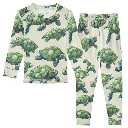 Pajama Sets Long Sleeve Sea Green Turtle Pattern Soft Comfy Sleepwear 2 Piece PJS 3-8T