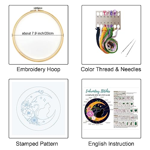 Image of Louise Maelys Cat Moon Embroidery Kit for Beginners Floral DIY Craft Set | Cross Stitch Kits with Cat Moon Floral Design, Includes Hoop, Threads, Needles and Guide. Needlepoint Kit for Adults DIY
