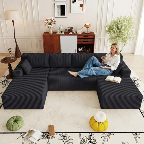 Image of 125 inch W Boneless Cloud Sectional Couch Modular Sofa with Ottoman | Modern U-Shaped Couches, Comfy Corduroy Memory Foam Sofas with Oversized Chaise for Living Room (Black, Left-Facing Chaise)