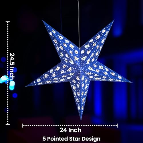 Image of GalaxyArts Blue Paper Star Lantern, 24 Inch 3D Illuminated Starlite Hanging Lamp, Handcrafted Hollow Decoration for Weddings, Parties, Christmas, Holidays, Easy to Hang Indoor /Outdoor Home Decor