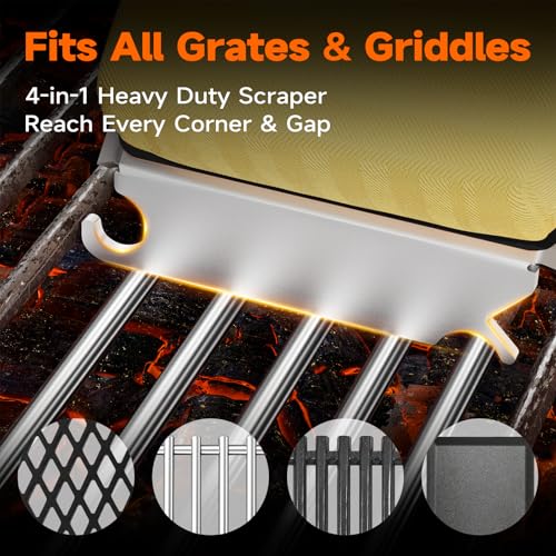 Image of Bristle-Free Grill Brush with Heat-Resistant Kevlar Fiber Head, Black | Steam Cleaning, Replaceable No-Wire Head, 17 inch Handle, 4-in-1 Scraper, for Porcelain /Ceramic /Stainless Steel /Cast Iron Grate