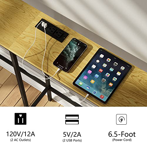 Image of 63 Inch Console Table with Power Outlet,Modern Narrow Long Sofa Table Behind Couch,Skinny Entry Table with Black Metal Frame for Entryway,Living Room, Hallway,3D Oak