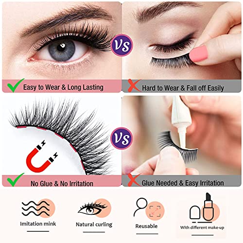 Image of Batfield 3 Pairs of False Eyelashes Magnetic with Eyeliner and Tweezer, 3D Natural Mixed Style magnetic Lashes, Reusable Magnetic Eyelashes for women(Style 2)