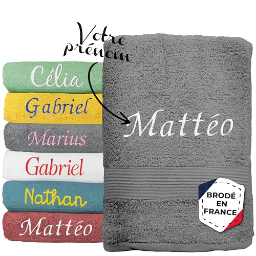 KDO MAGIC - Serviette personnalisée - 100% Coton, épaisse et Douce - Prénom brodé - Drap de Bain, Douche éponge Personnalisable - Cadeau noël, Anniversaire, Retraite (70cm x 130cm, Gris foncé)