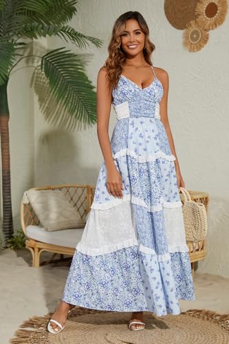 Image of Women Floral Maxi Dress Spaghetti Straps V Neck Lace Patchwork Flowy Tiered Boho Beach Sundress Long Dresses