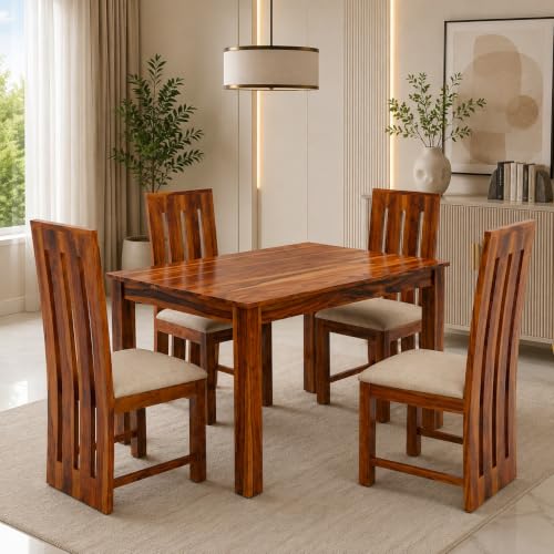 Image of Sheesham Wood 4 Seater Dining Table Set for Living Room Solid Wood Dining Table Set with 4 Chairs, Diningroom Furniture