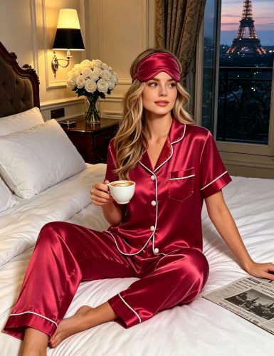 Image of SWOMOG Womens Silk Satin Pajamas Sets 4pcs Sleepwear Sexy Cami Shorts Set and Button Down Short Sleeve Pjs Loungewear