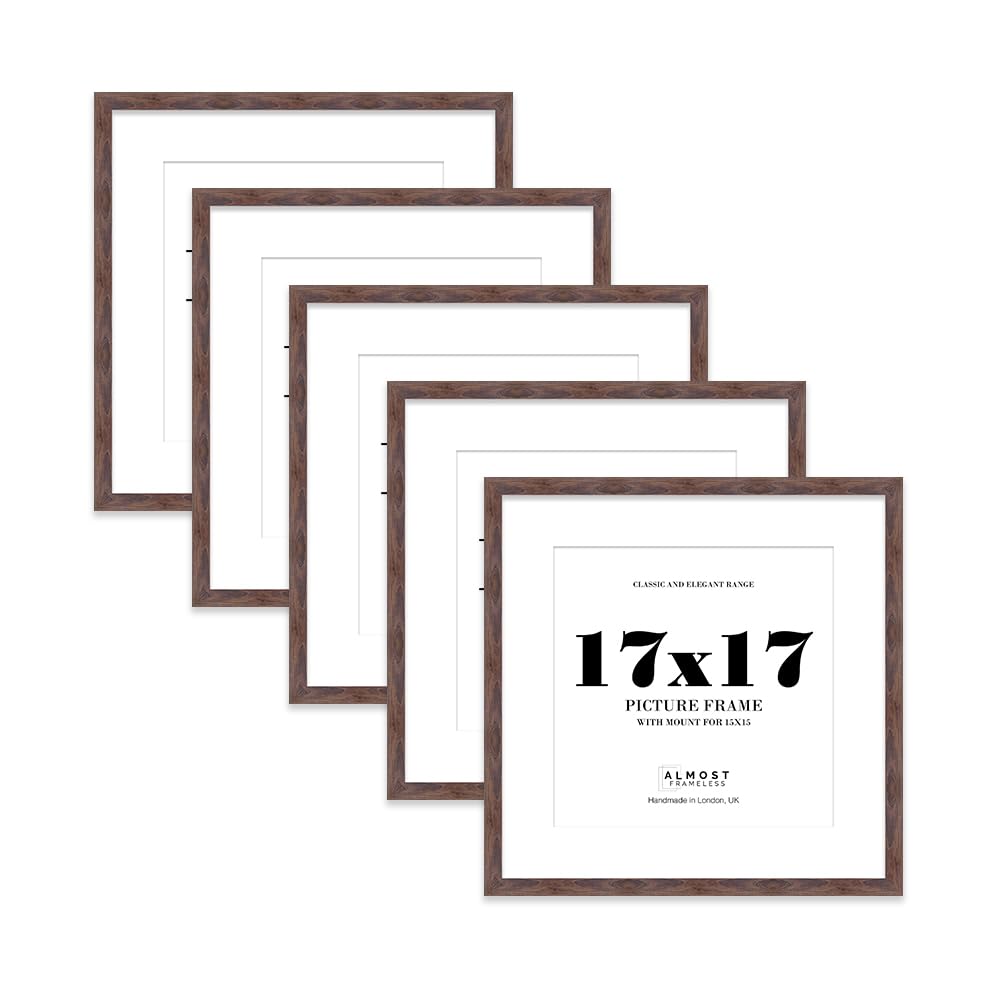 17x17 Walnut Picture Frame with Mount for 15x15 Photos, Prints - Modern Square Wall Frame, Set of 5