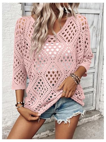 Image of Verdusa Women's Crochet Beach Summer Sweater 3 /4 Length Sleeve Boho Off The Shoulder Tops