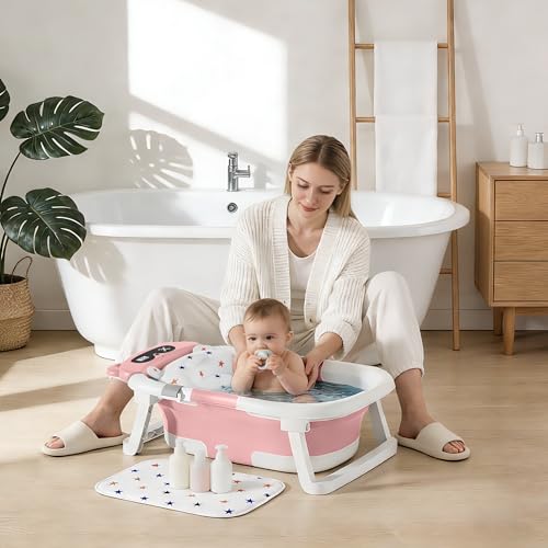 Image of Baby Bathtub,Foldable Baby Bath Tub for Newborn to Toddler (0-18 Months) - Collapsible Infant Tub for Travel with Thermometer, Soft Cushion,Pink
