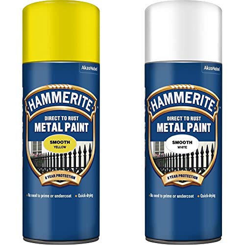 Hammerite Direct to Rust Metal Paint Aerosol Smooth Yellow Finish 400ML & 5084782 Metal Paint: Smooth White 400ml (Aerosol)