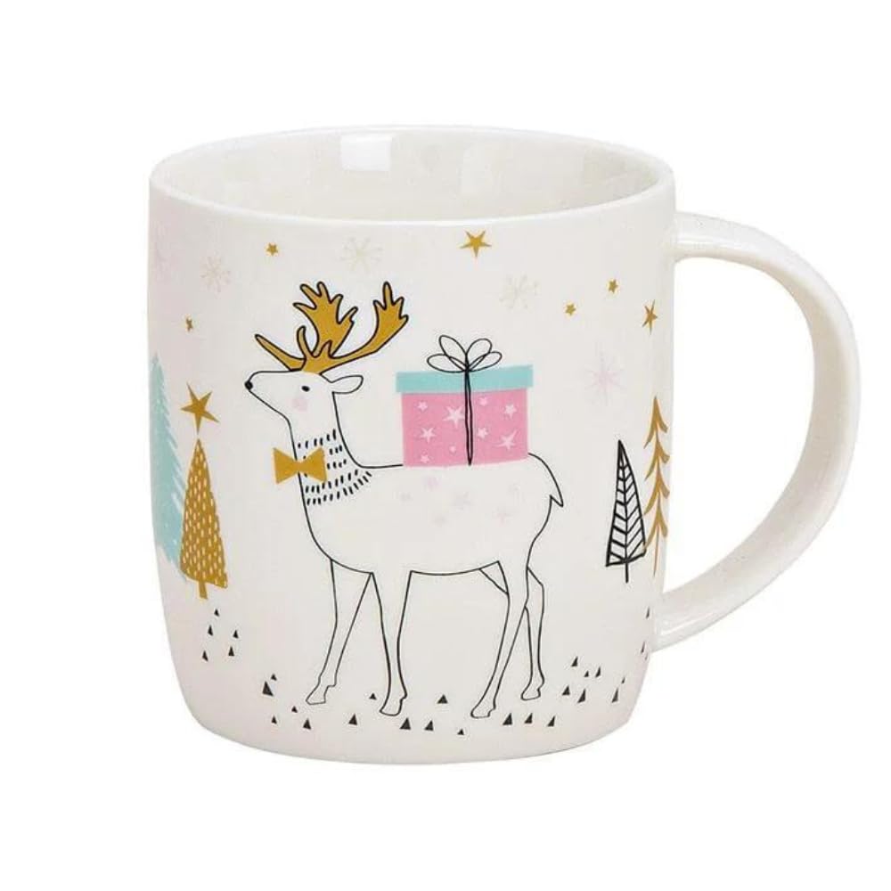 Dekohelden24 Porcelain Mug with Deer Decoration, Dimensions L x W x H 12 x 8 x 9 cm, Capacity 350 ml, White/Colourful, 9 cm