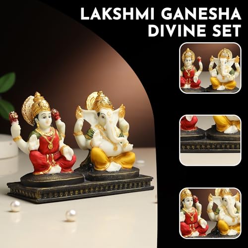 Image of ARMONIA Premium Laxmi Ganesha Idol for Home Decor & Pooja | 4.7 Inch Handmade Ganesh Murti | Marble Finish Polystone Lakshmi Ganpati Statue for Mandir, Office | Best Gift for Wedding & Housewarming