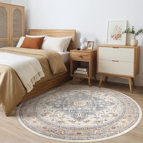 Round Rug Living Room Rugs: 10Ft Washable Boho Neutral Large Circle Soft Indoor Distressed Stain Resistant Floor Farmhouse Carpet for Bedroom Nursery Kids Playroom Office Dining Room Dorm- Beige Blue
