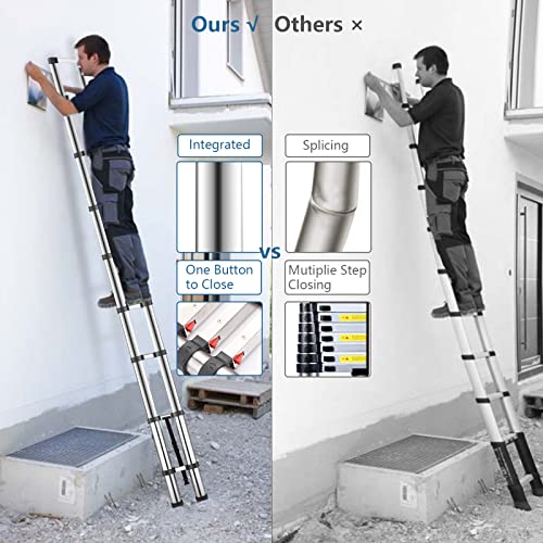 12.5 Ft Telescoping Ladder, Meanfun One-Button Retraction Collapsible Extension Ladder With Thickened & Longer Tube, Slow Down Design Compact Telescopic Ladder For Home Or Rv Work, 330Lb Capacity #TOP7