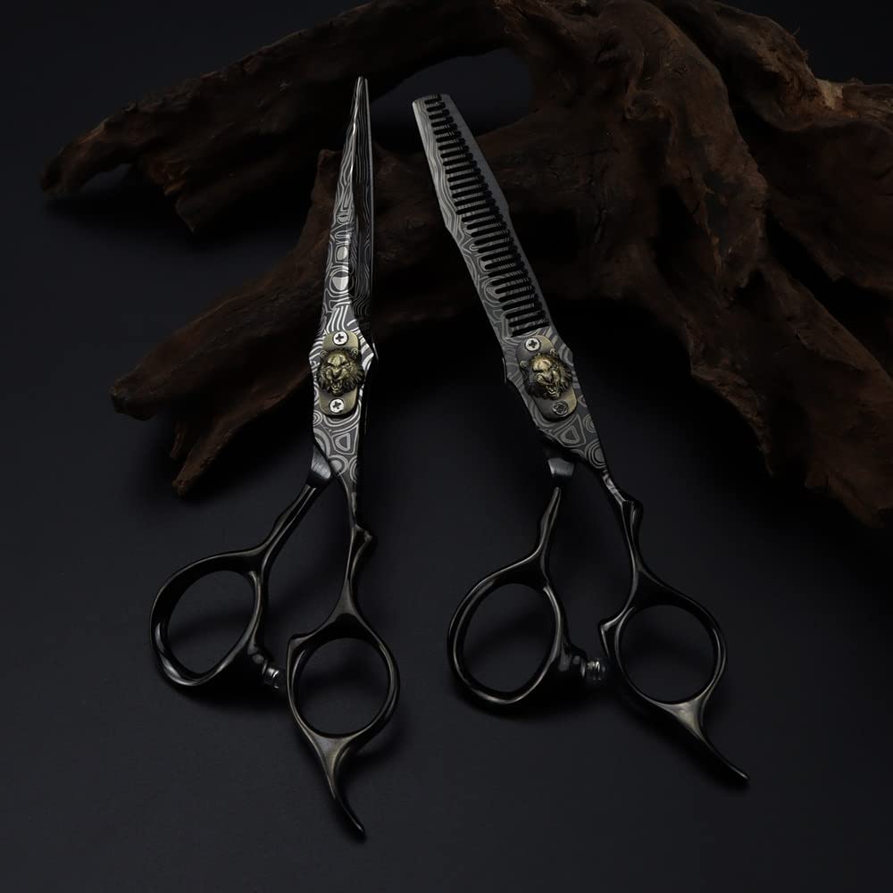 Haarschneideschere, 6 Zoll, Professionelle, Gehobene Tigerkopf-Schere Aus Schwarzem Damast, Haarschere Zum Schneiden, Friseur-Haarschnitt, Effilierschere, Friseurschere,