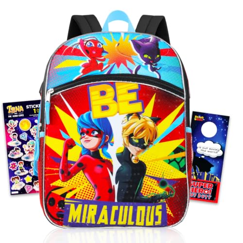 Miraculous Pacote de material escolar joaninha – Mochila Miraculous Ladybug de 40,6 cm para meninas e meninos com adesivos | Miraculous Ladybug School Stuff