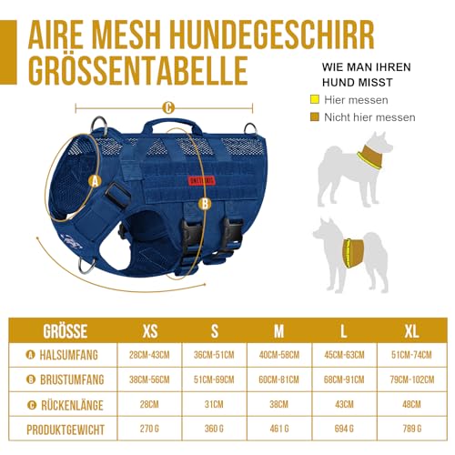 OneTigris Hundegeschirr Mittelgroße Hunde, AIRE MESH Taktisches Anti Zug Geschirr mit 2 Griff Verstellbar Brustgeschirr No Pull Dog Harness Atmungsaktiv Blau M