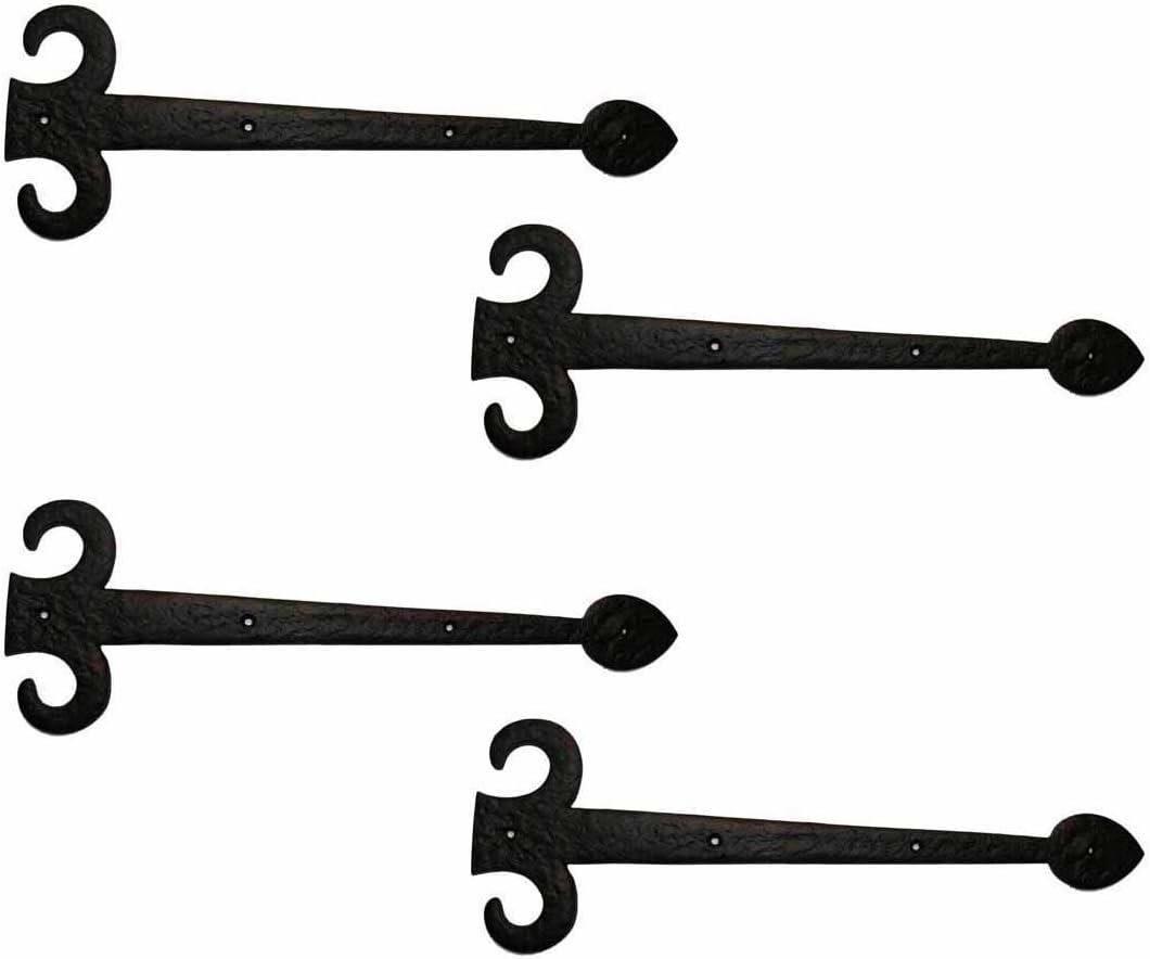 Renovators Supply Manufacturing Black Wrought Iron Garage Door Decorative Hardware Fleur De Lis Design 15-3/8 in Rust Resistant Dummy Strap Hinge with Mounting Hardware, Pack of 4