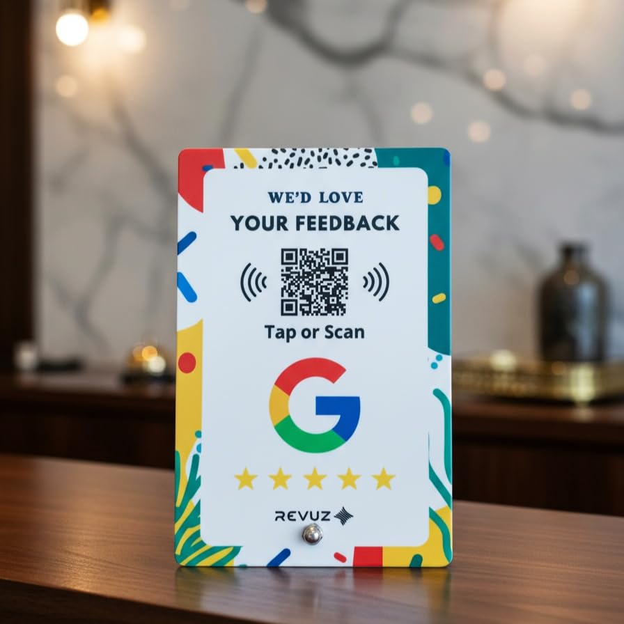 Business Review Standee with QR Code and NFC chip | Tap or Scan | Elevate Your Online Reputation Effortlessly | Zero Hassle Self-Setup (White)