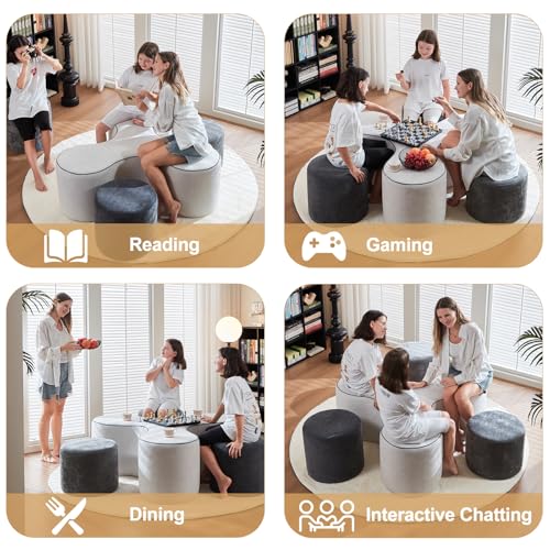 Image of 46 inch Modular Game Table Ottoman Set with 3 Stackable Stools, Y-Shape Space Saving Furniture, No Assembly, White & Black Sofa Coffee Dining Table for Small Spaces Living Room