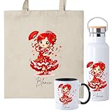 Set Personalizado de Flamenca con Bolsa de Tela, Taza Cerámica 350ml, Opción Botella Térmica, Diseño Personalizable con Nombre e Inicial, Regalo para Bailaoras de Flamenco (Flamenca Pelirroja)
