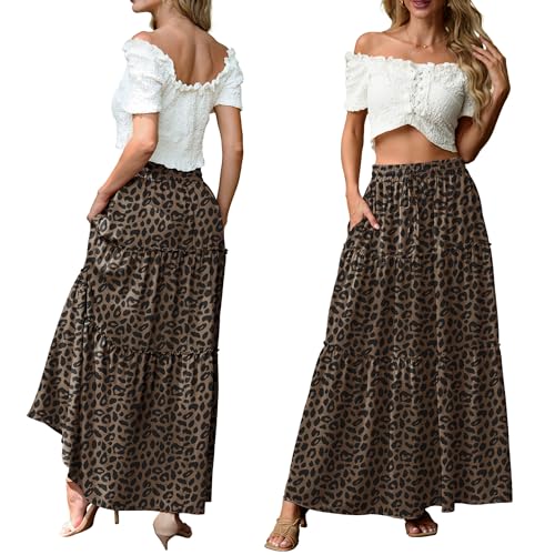 Image of Lepunuo Womens Casual Boho High Waisted Flowy Maxi Skirts Tiered Floral Long Skirts with Pockets for Summer Beach Vacation