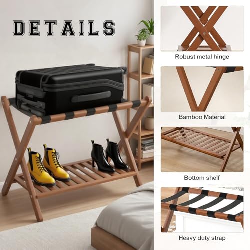 Image of Bamboo Luggage Rack with Shoe Shelf Folding Suitcase Stand with 5 Heavy-Duty Straps for Guest Room Living Room Hotel Ideal Luggage Holder for Suitcases Bags Shoes,Walnut Brown
