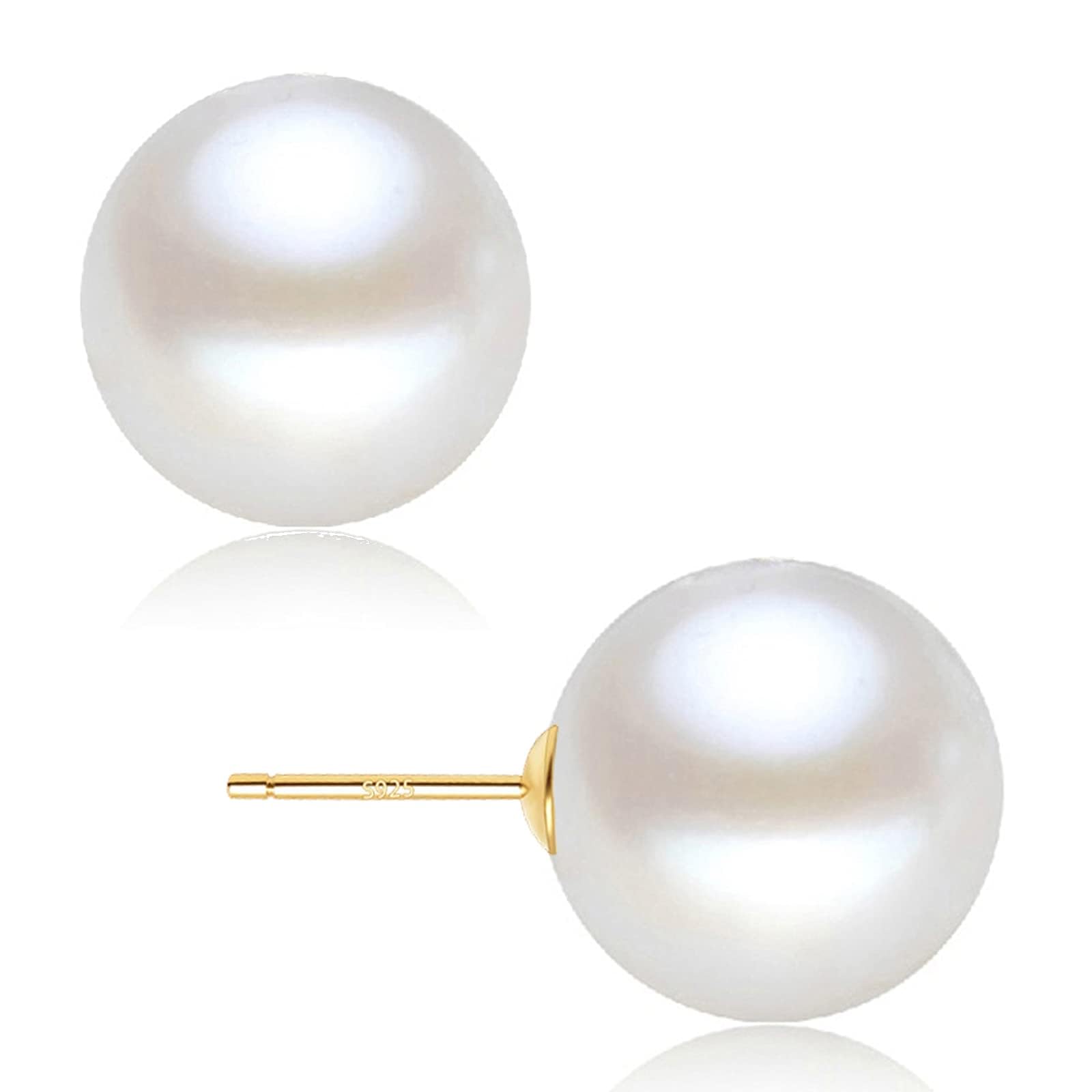 18K Gold Plated 925 Sterling Silver Shell Pearl Stud Earrings,Hypoallergenic to Sensitive Ears
