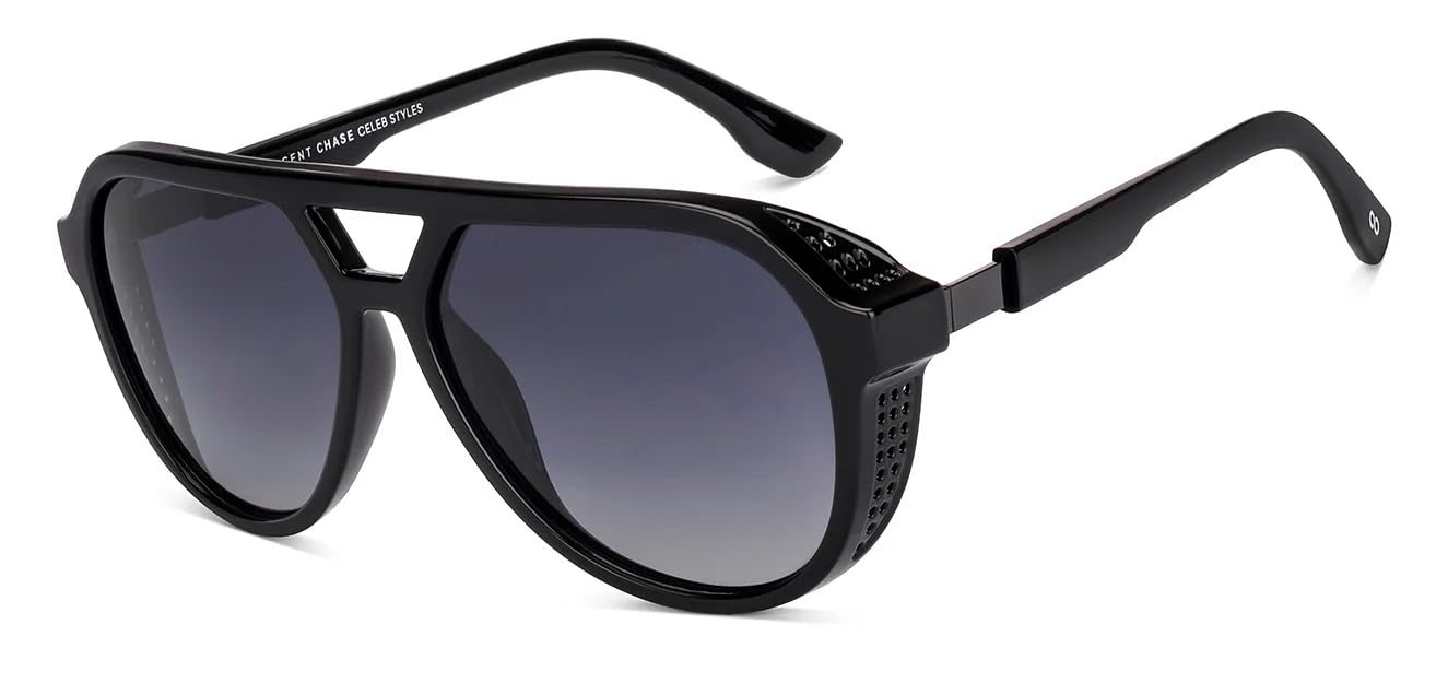 VINCENT CHASE EYEWEAR Polarized and 100% UV Protected | Branded and Stylish Sunglasses | Black – Grey Full Rim Pilot | Celeb Style | For Men & Women | Large | VC S000667