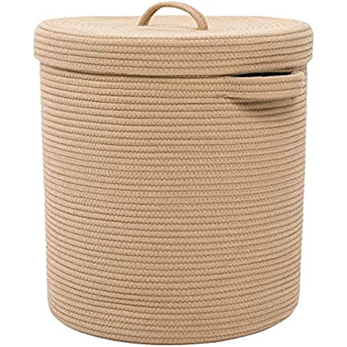 Image of GRATIFY Mansa Traders 12 inch X 12 inch X 14 inch Large Round Storage Basket With Lid, Cotton Rope Storage Baskets, Laundry Hamper, Brown Stiches With Cover