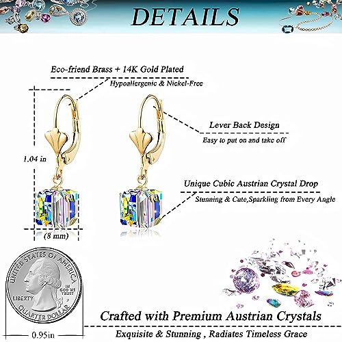 Austrian Crystal Cube Drop Earrings for Women Leverback Dangle Earrings 14K Gold Plated Hypoallergenic Jewelry (Aurora Borealis)