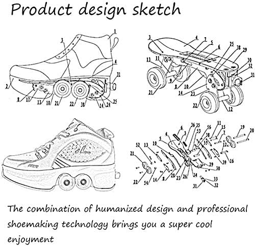 Product design sketch of the Leeppyton 2-in-1 roller skates, showing exploded views of the wheel mechanism and shoe structure.