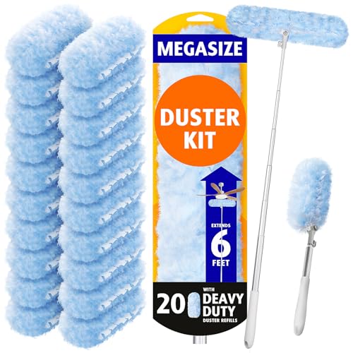 6 ft Extendable Duster Handle with 20 Refills Compatible with Swiffer Disposable Microfiber Dusting Pads for Home Cleaning Ceiling Fan Window Hard-to-Reach Areas